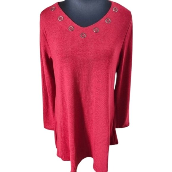 DOMANI Cotton Blend V Neck Long Sleeve Red Tunic Top Size Large NWT - Picture 1 of 7